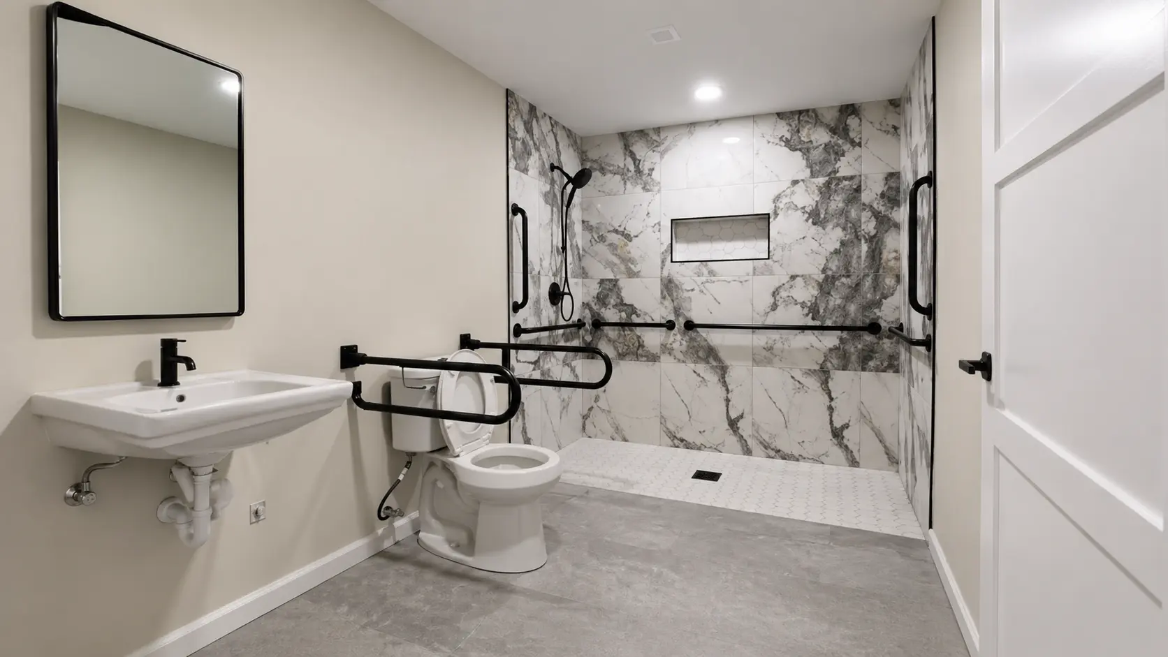 Bathroom remodel — black-trim marble shower with toilet