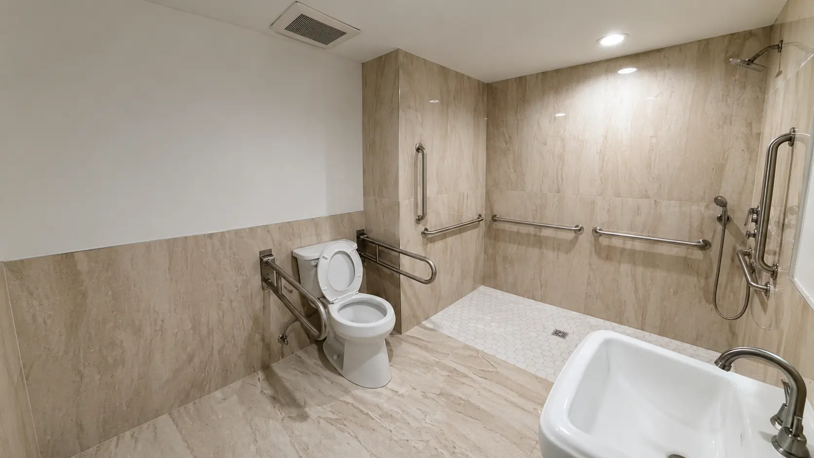 Accessible bathroom remodel — beige tile walk-in shower