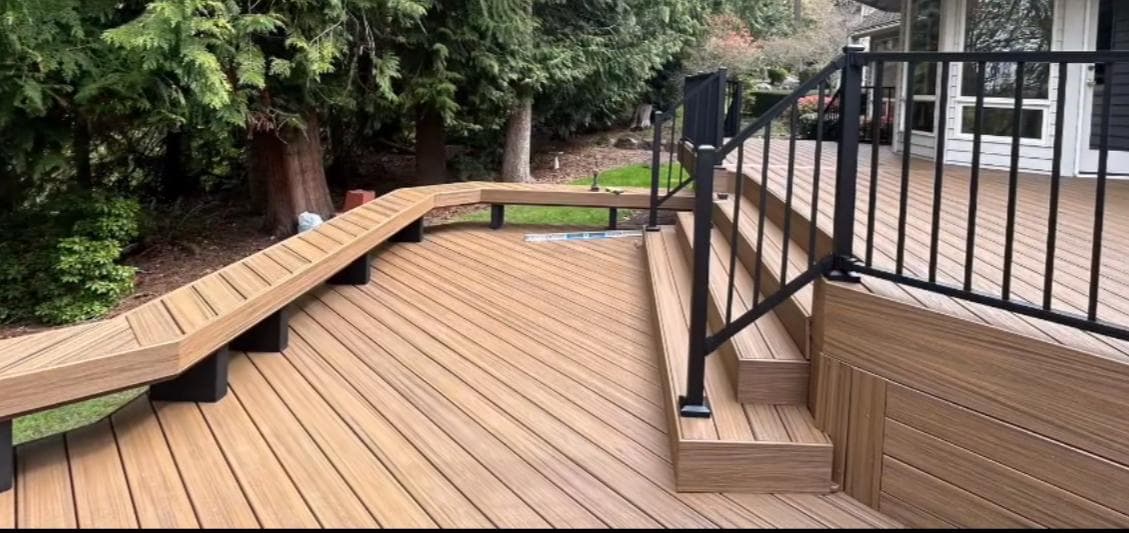 Decking — tan composite deck with built-in bench